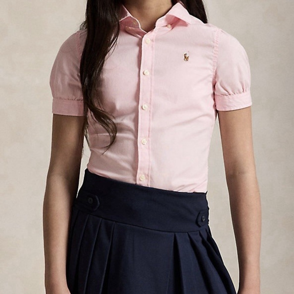 Polo Ralph Lauren Girls Size 8 Short Sleeve Pink Oxford Shirt Top Preppy School